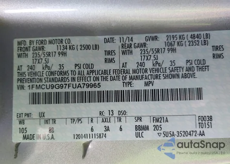 2015 Ford Escape Se from USA, damaged, VIN 1FMCU9G97FUA79965